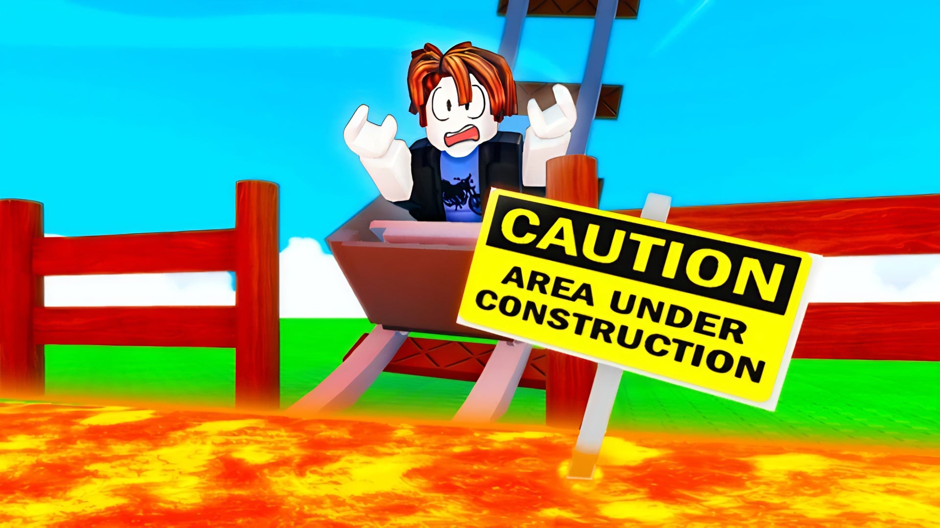 Artwork for the Roblox game, Build A Roller Coaster, featuring a man in a roller coaster cart being sent straight into a pit of lava. - 1
