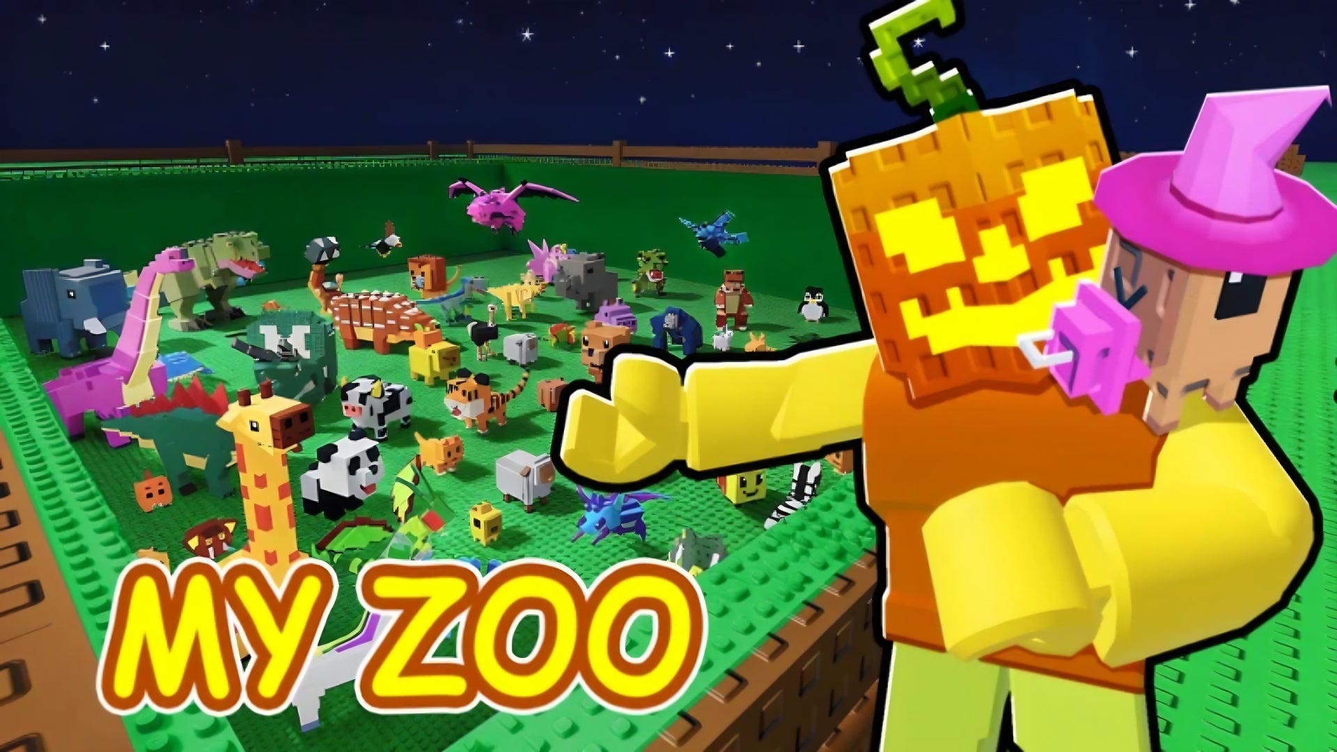 Artwork from the Roblox game Build a Zoo, depicting a man with a jack-o-lantern head showcasing his zoo. - 1