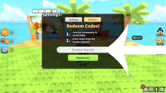 An arrow pointing at the settings menu in the Roblox game Build an Island.