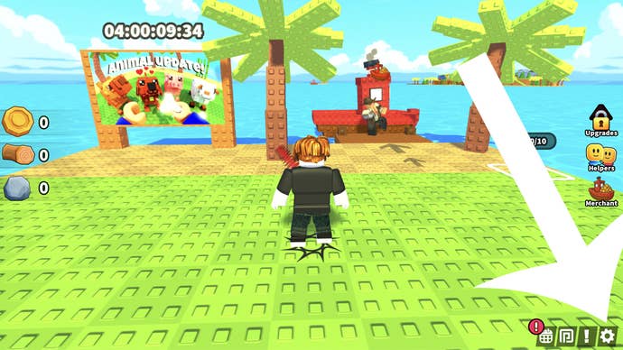 An arrow pointing at the settings button in the Roblox game Build an Island.