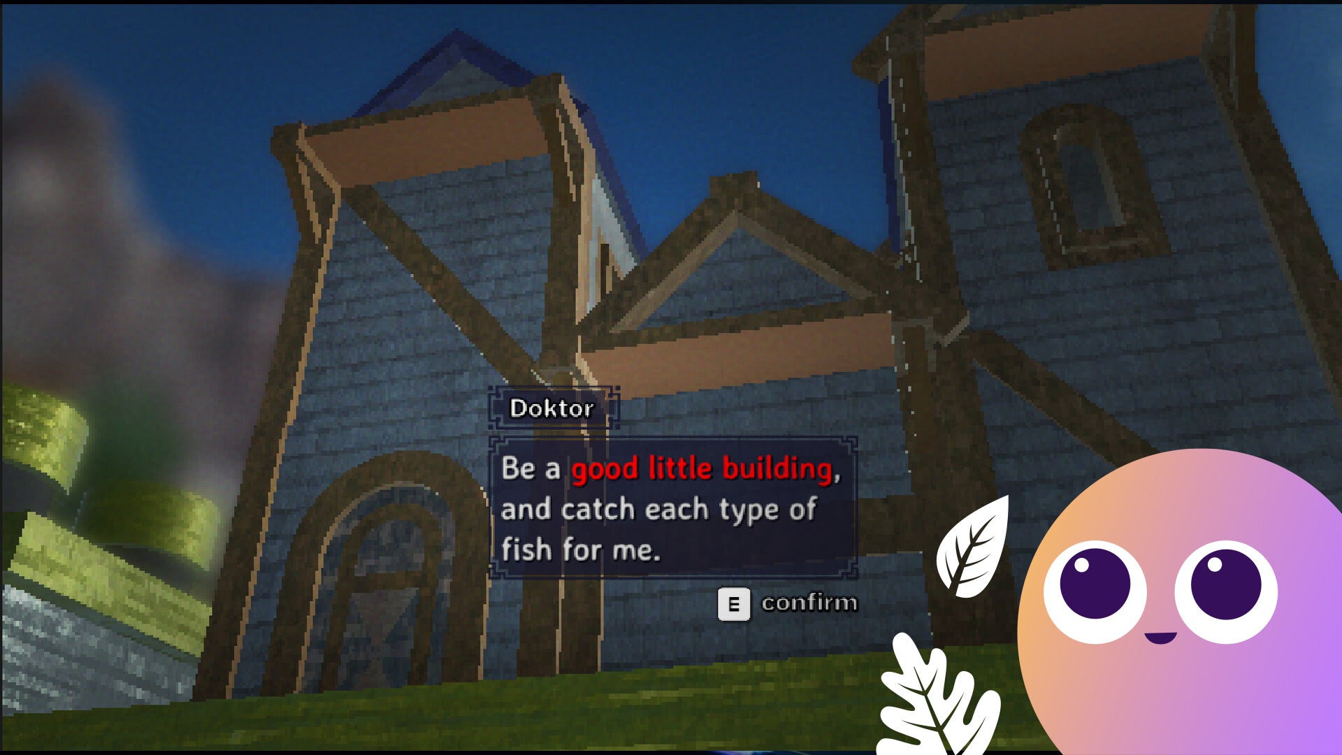 A building tells you to be good and catch it some fish, and the little Wishlisted logo is in the bottom right corner. - 1