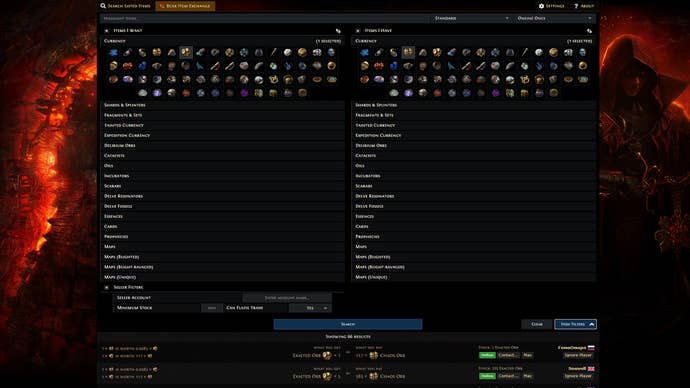 An example of using bulk trade to find exchange rates on the Path Of Exile website