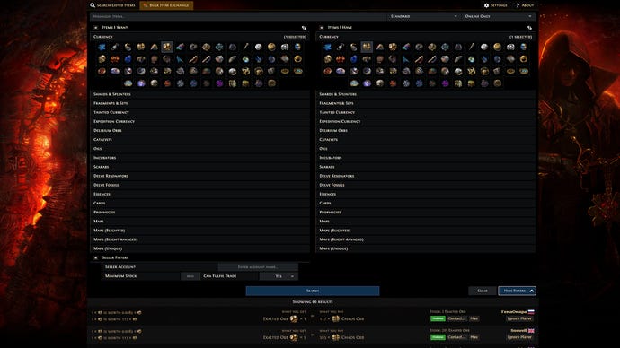 An example of using bulk trade to find exchange rates on the Path Of Exile website
