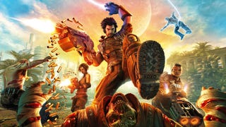Bulletstorm promotional art showing its gun-wielding protagonist raising his boot to stomp a zombie-like soldier on the ground.