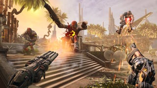 Bulletstorm VR header showing three enemies being blasted away through the air by the player, who is holding two guns
