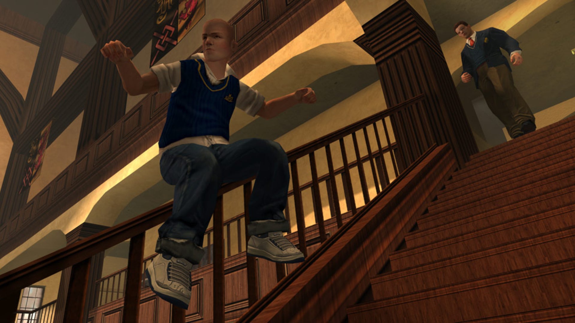 Jimmy Hopkins sliding down   a banister successful  Bully.