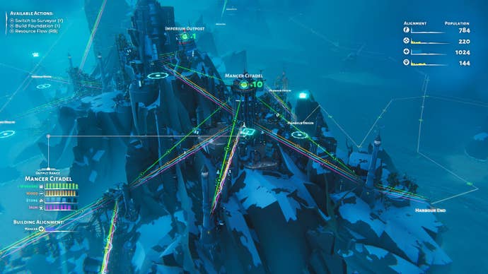 A night time shot of Bertie’s settlement in Bulwark: Falconeer Chronicles, showing streams of resources flowing around it.