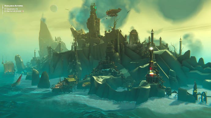 A side-on shot of Bertie's rocky settlement in Bulwark: Falconeer Chronicles. Tall buildings and light houses jut up from the island as little boats sail around it.