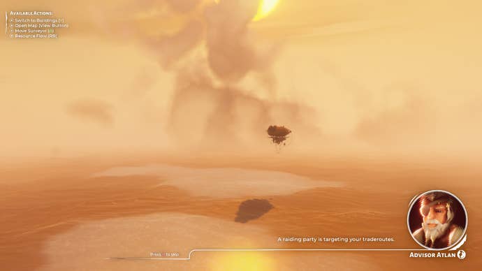 Bertie’s lonely blimp floats above a peachy sea in a peachy sky, in Bulwark: Falconeer Chronicles.