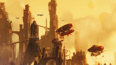 Blimps fly into the air from a towering, yellow-lit city behind them.