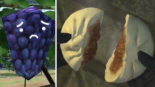 Final Fantasy XIV's blocky grapes with a sad face scribbled on them, alongside a beautifully detailed and meaty bun splitting in two.