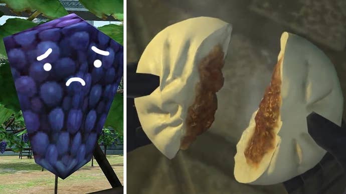Final Fantasy XIV’s blocky grapes with a sad face scribbled on them, alongside a beautifully detailed and meaty bun splitting in two.