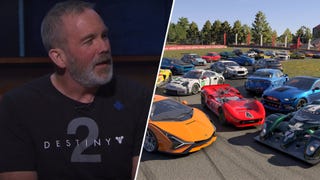 Bungie CEO Pete Parsons next to a bunch of classic cars in Forza Motorsport.