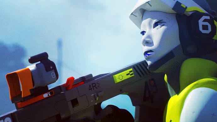 A character holding a gun in Marathon.