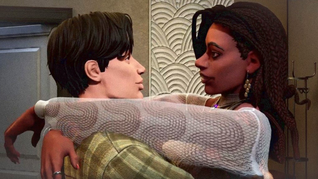 A man with light skin and a woman with dark skin are wrapped in an embrace, gazing into each other's eyes with love.