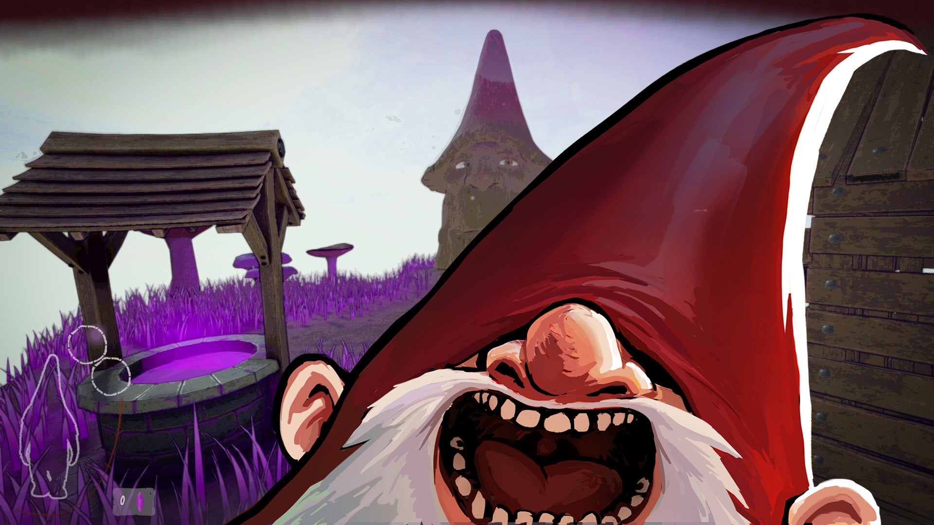 An illustration of a garden gnome up very close. Their mouth is open and you can almost see up their nose. It is a nightmare visage.