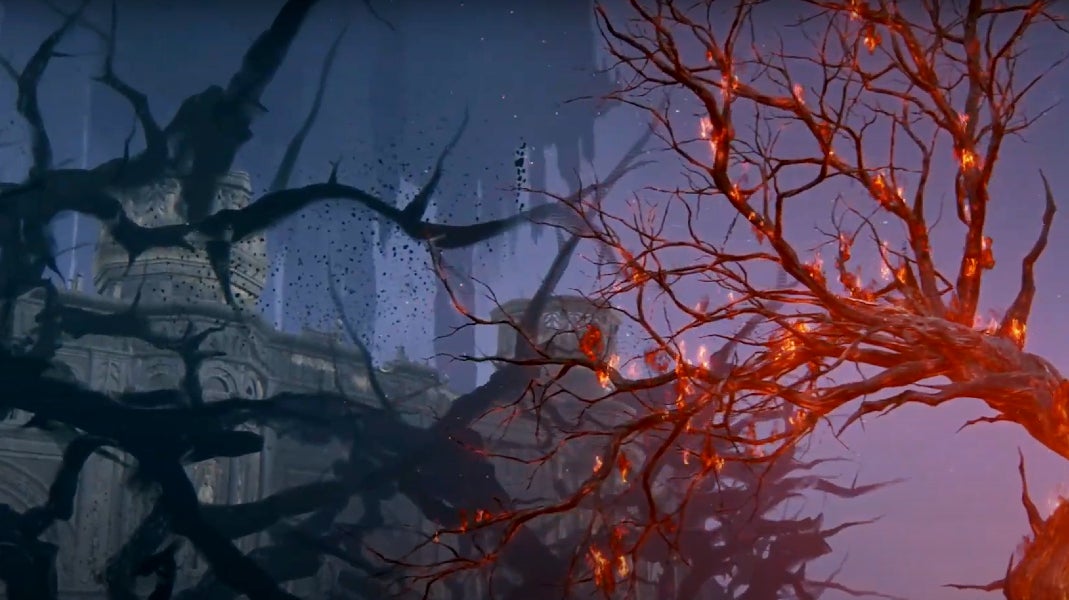 A screenshot of the final legacy dungeon Enir-Ilim becoming visible as the sealing tree burns in Elden Ring: Shadow of the Erdtree. - 6