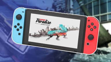A title screen for Burnout Paradise on a Switch console, over the top of a blue-tinted, blurred screen of two cars crashing
