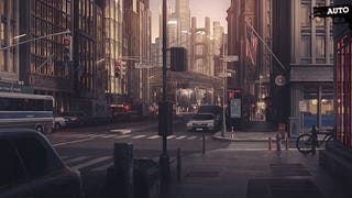 A screenshot of Bustafellows, showing a painterly rendition of a New Sieg (clearly New York) street.