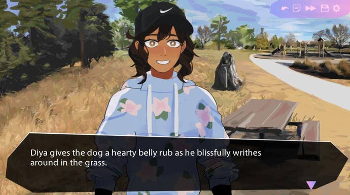 A Butterfly Soup 2 screenshot showing the character Diya and text explaining that they’re rubbing the belly of a dog.
