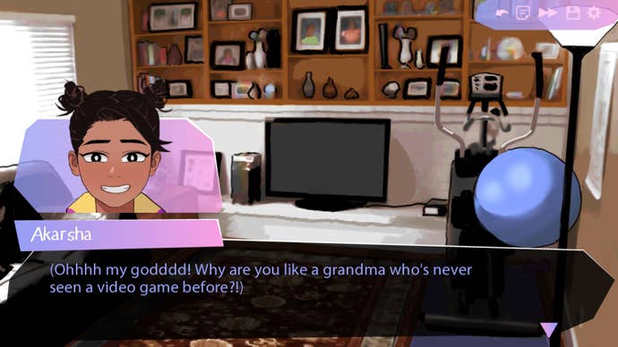 A Butterfly Soup 2 screenshot where character Akarsha is in a living room with the text: Oh my god! Why are you like a grandma who’s never seen a video game before?!
