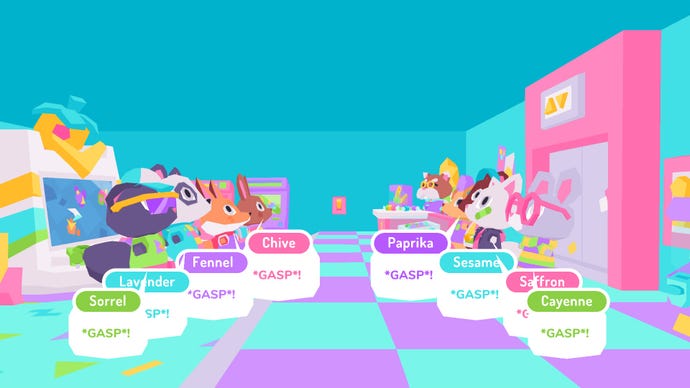 The Fluff Squad and the Tuff Fluffs gasp in surprise in Button City’s arcade.