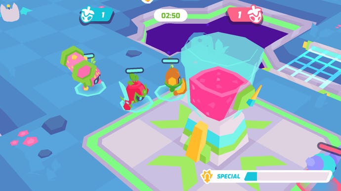 Three Gobabots race towards the blender in Button City.