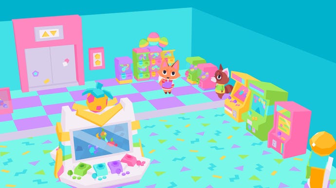 The colourful arcade (featuring a lot of turquoise) in Button City