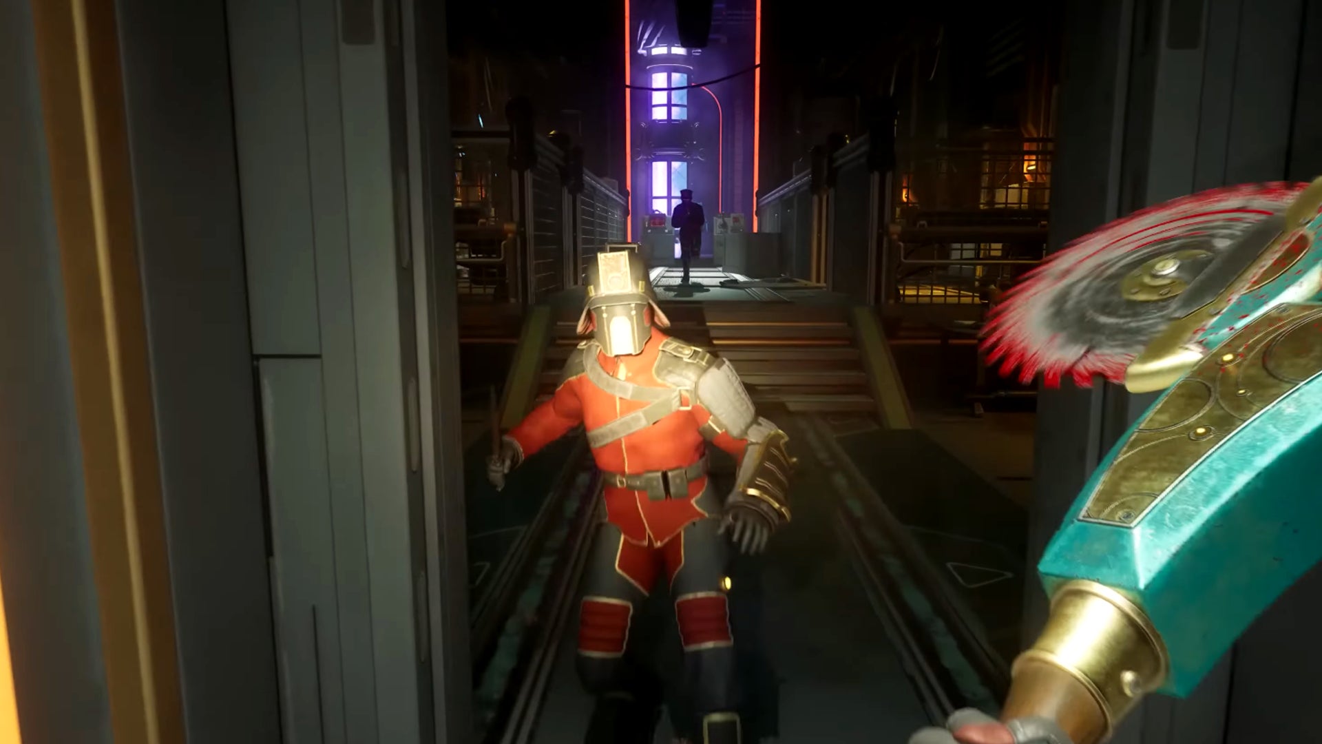 A first-person view showing an enemy in The Outer Worlds 2 about to take a buzzsaw to the face. - 13