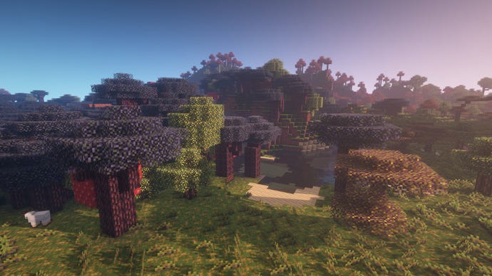 A Minecraft screenshot of a landscape displayed using the Bytecraft Texture Pack.