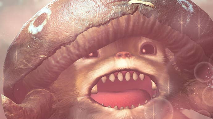 Close up of cute little cuddly monster smiling in Monster Hunter Wilds