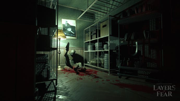 A screenshot from Layers of Fear's free chapter showing a mannequin slumped against a wall in a pool of blood. It holds an unknown item aloft and is surrounded by shelves containing movie canisters.