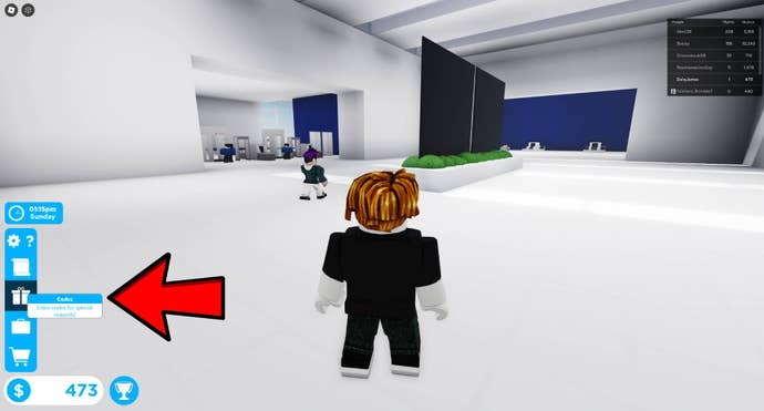 A red arrow pointing at the codes option on the left-hand side of the screen in Cabin Crew Simulator.