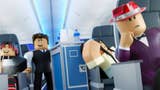 Two Roblox characters sat on an aeroplane with a flight attendant pushing a cart down the aisle.