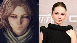 Close up of Melina with scar over her eye from Elden Ring, next to headshot of actress Cailee Spaeny