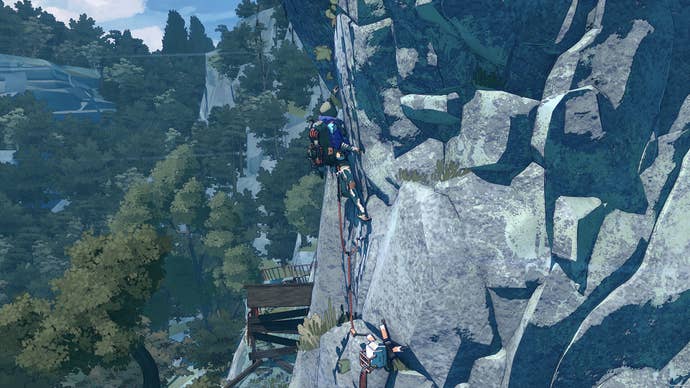 A woman climbs a sheer cliff face in mountain climbing game Cairn.