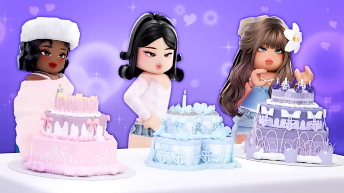 Artwork for the Roblox game Cake Off, showing different characters decorating three separate cakes.