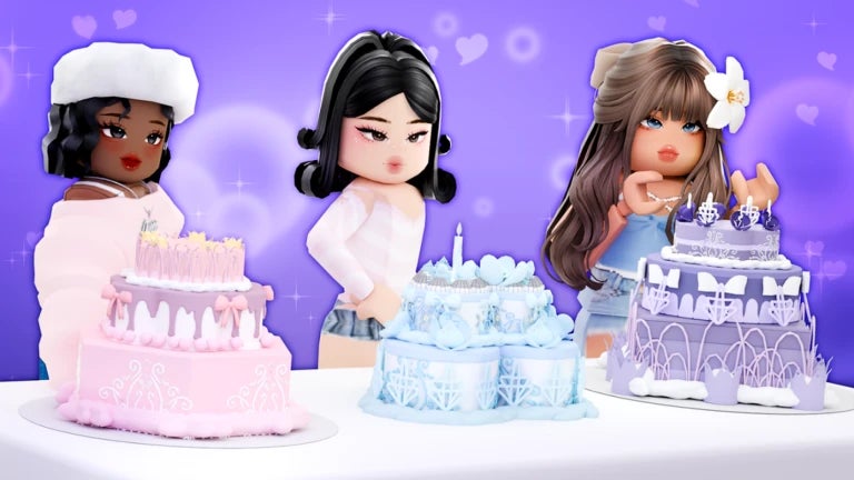 Artwork for the Roblox game Cake Off, showing different characters decorating three separate cakes. - 1
