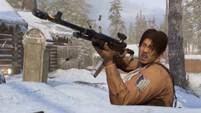 An Operator dressed as Attack on Titan’s Levi Ackerman fires an assault rifle over a log.