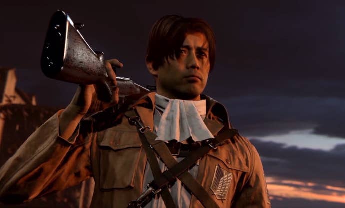 An Operator dressed as Attack on Titan’s Levi Ackerman stands resolute, with a rifle slung over their shoulder.
