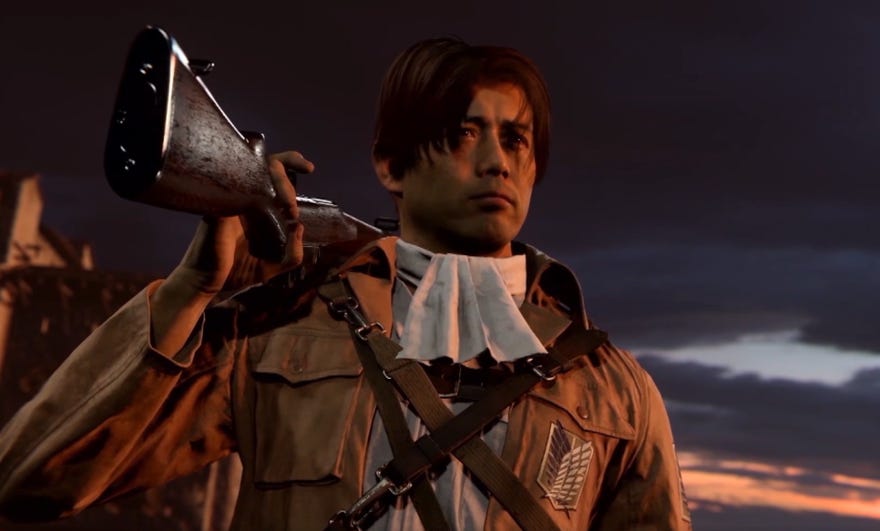 An Operator dressed as Attack on Titan’s Levi Ackerman stands resolute, with a rifle slung over their shoulder.