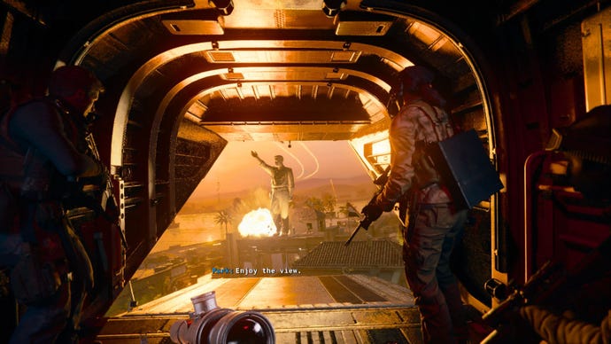 The soldiers of Black Ops 6 look out a helicopter at a statue of Saddam Hussein exploding.