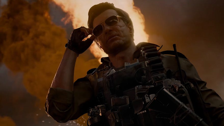 Someone takes off their sunglasses as a fire rages on in Call of Duty: Black Ops 6