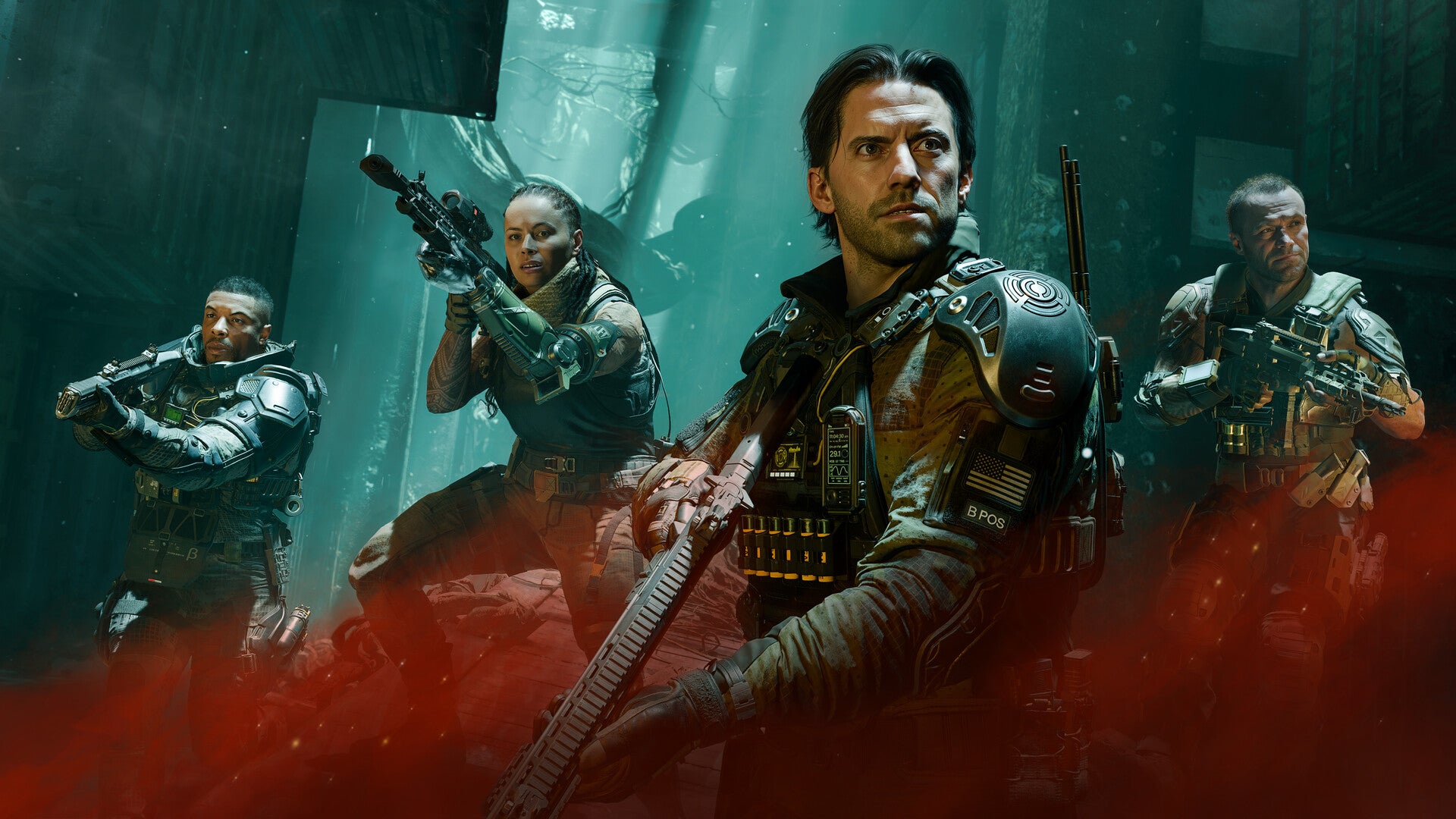 Call of Duty: Black Ops 7 official screenshot showing four main characters holding guns against a dreamy grey background