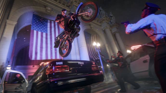 call of duty black ops six motorbike riding over police car