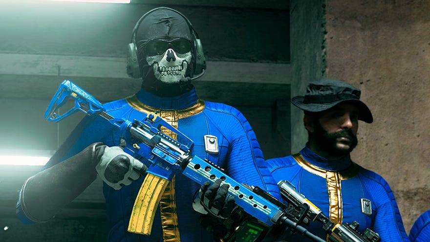 A military man in a Fallout vault dweller skin holds a gun next to Captain Price in Call of Duty