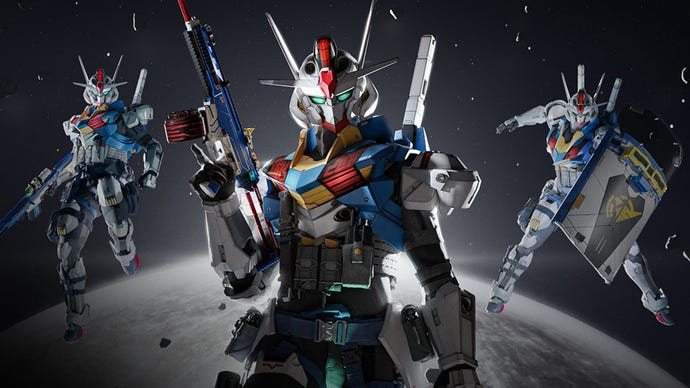 The Aerial Gundam from The Witch from Mercury strikes several poses while floating in space for Call of Duty's new DLC