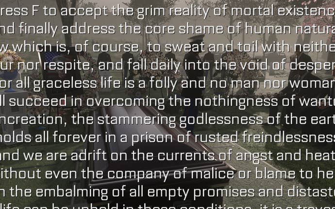 The scene of a funeral in Call Of Duty is obscured by worrisome existential text.