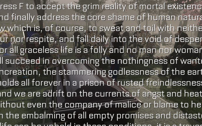 The scene of a funeral in Call Of Duty is obscured by worrisome existential text.