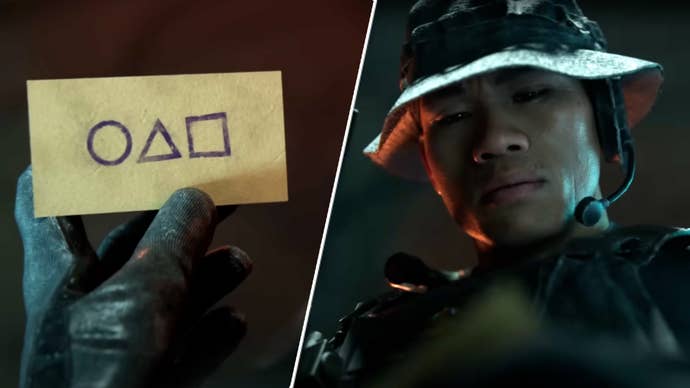 A Call of Duty Black Ops 6 operator finding some paper with Squid Game symbols on it.